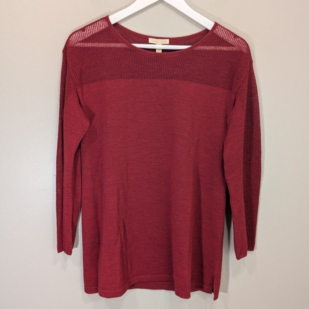 Eileen Fisher Washable Wool Sweater Tunic Mesh Bateau Neck Cottage Classic Sz PM